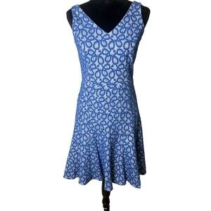 Nine West Women's Size 4 Blue White Lace Fit & Flare V-Neck Dress